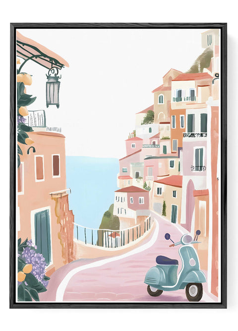 Italian cliffside town art featuring winding street and ocean view

