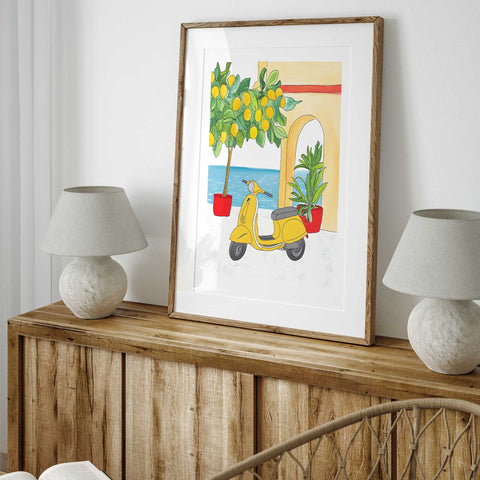 Italian coast watercolor illustration with citrus and moped

