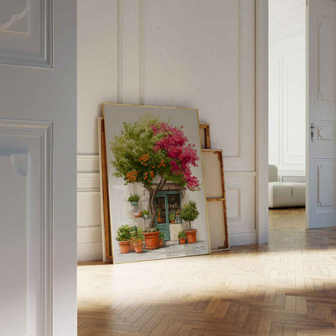 Italian coastal shopfront painting with orange citrus trees and teal door