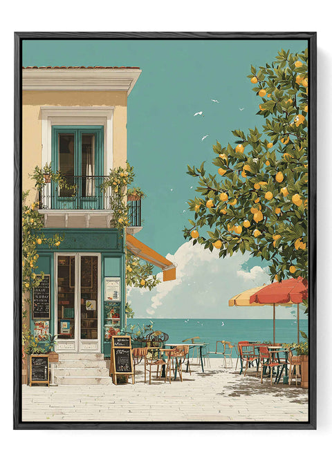 Italian riviera cafe watercolor illustration with fruiting lemon tree and patio seating