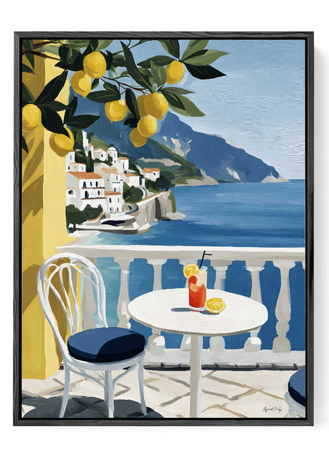 Italian seaside balcony painting with bistro table and refreshing drink overlooking cliffside village