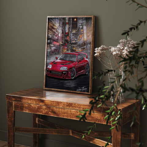 JDM automotive poster featuring red Supra MK4 in urban setting