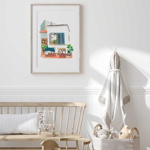 Japan-inspired fine art print of a minimalist corner cafe

