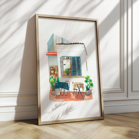 Japanese cafe watercolor scene for urban travel-themed decor

