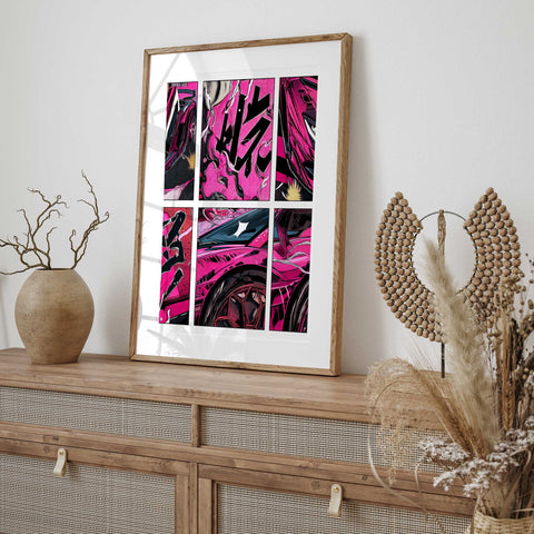 Japanese onomatopoeia supercar print with high energy pink colors