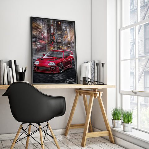 Japanese street racing art print with red Toyota Supra MK4
