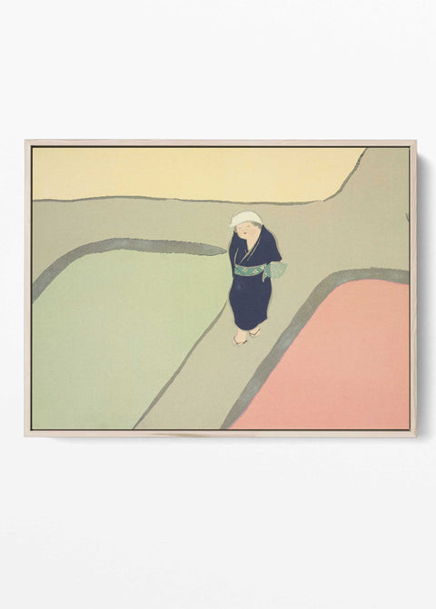 Kimono woman green red fields print