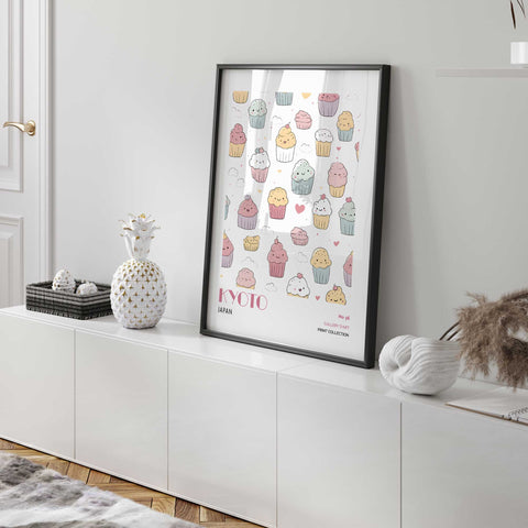 Kyoto wall art poster with pastel cupcakes and hearts