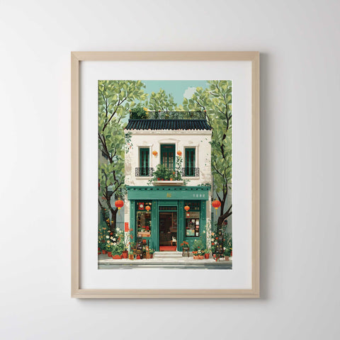 Lantern tea house watercolor illustration