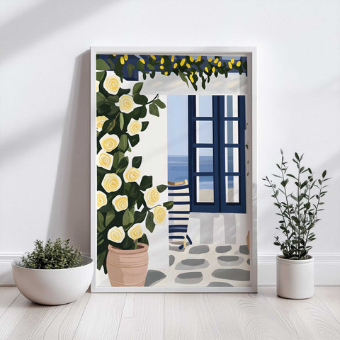Lemon-covered archway with ocean background in watercolor

