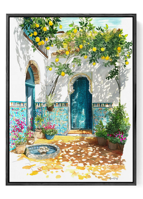 Lemon patio watercolor illustration Mediterranean decor
