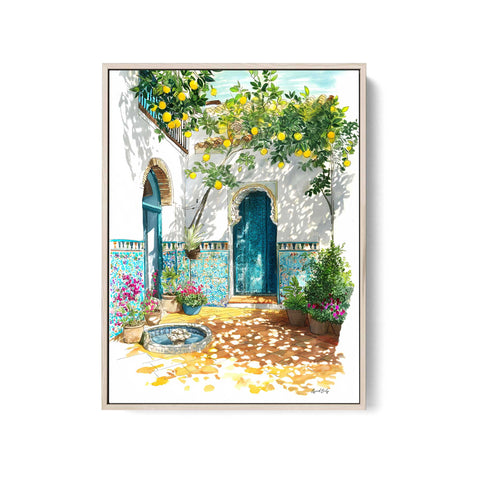 Lemon tree courtyard watercolor wall print