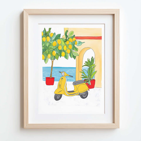 Lemon trees in pots beside a classic yellow scooter print


