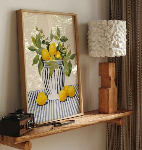 Lemon vase blue striped table wall art