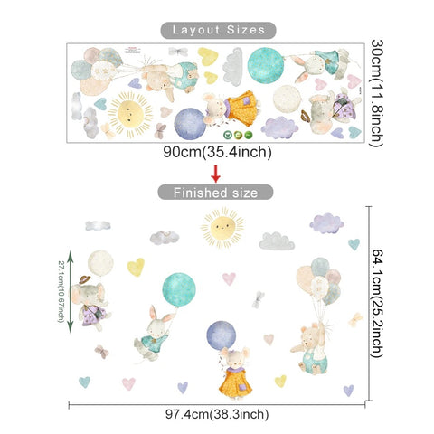 Balloon Animal Friends Wall Decals – Watercolor Nursery Stickers with Sun, Clouds & Bunnies