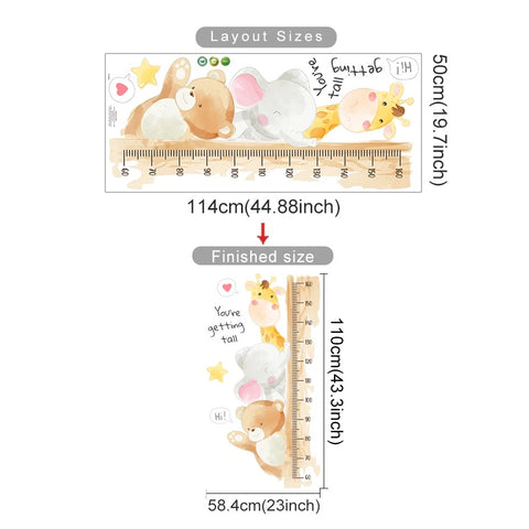 Animal Friends Growth Chart Wall Decal – Watercolor Bear, Elephant & Giraffe Ruler