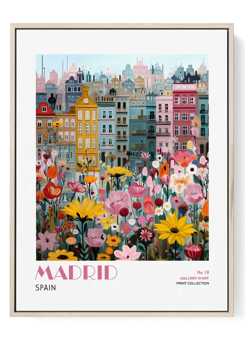Madrid cityscape wall art print with flowers