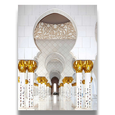 Majestic Sheikh Zayed Grand Mosque Art Print | Nordic Minimalist Gold Pillars Decor - oakposter