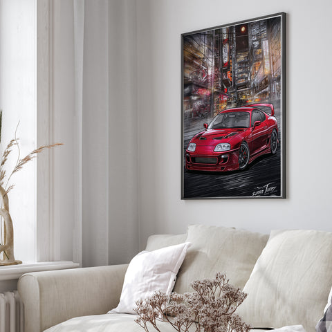 Manga style car illustration of Toyota Supra for garage decor