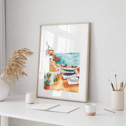 Coastal Boats and Cactus Watercolor Print