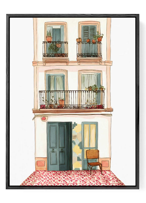 Mediterranean Cityscape Art – Balcony Scene Poster

