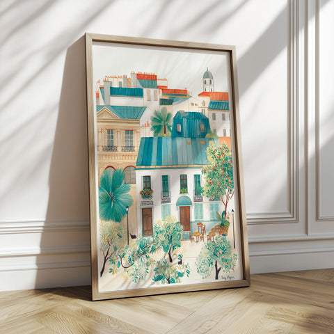 Mediterranean Cityscape Art Print – White Buildings & Blue Roofs
