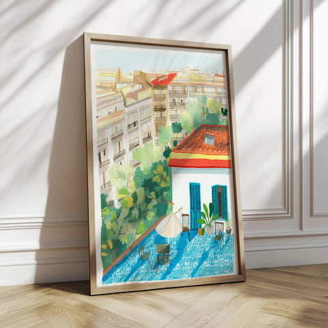 Mediterranean Courtyard Art Print – Lush Garden & Blue Roofs
