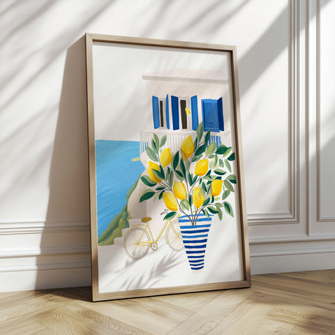 Mediterranean Lemon Art Print – Bright Coastal Scene
