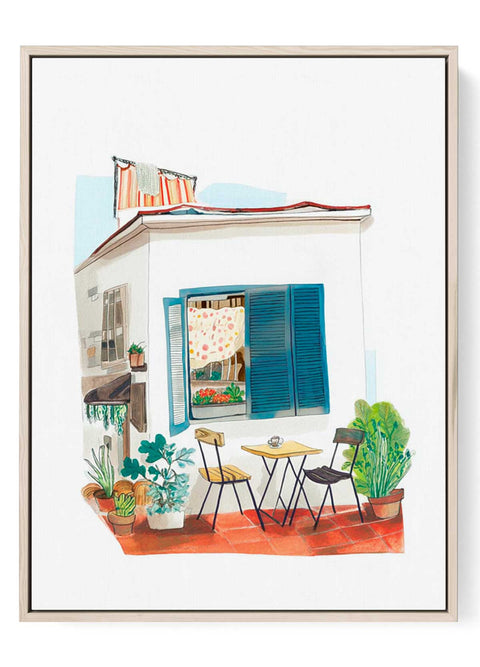 Mediterranean Patio Art Print – Blue Shutters & Potted Plants
