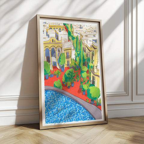 Mediterranean Terrace Art Print – Rooftop Pool Scene
