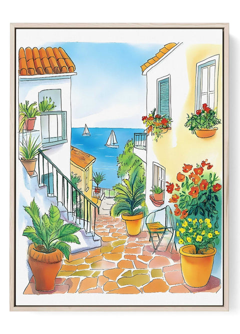 Mediterranean alley watercolor with sea view and potted flowers

