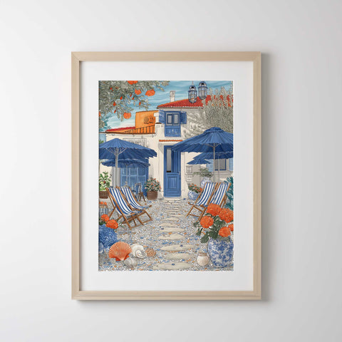 Mediterranean architecture art print with blue doors