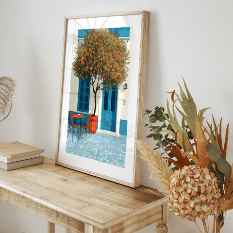 Mediterranean art print with tiled floor and tree