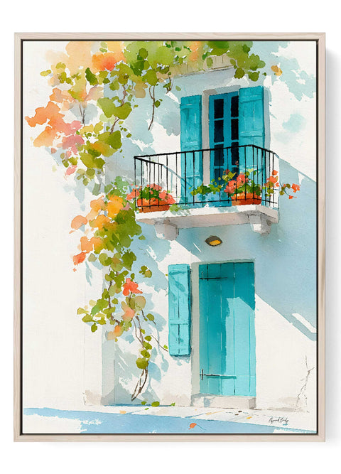 Mediterranean balcony watercolor wall art