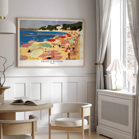 Mid century style beach umbrellas and ocean scene art print on fine art paper