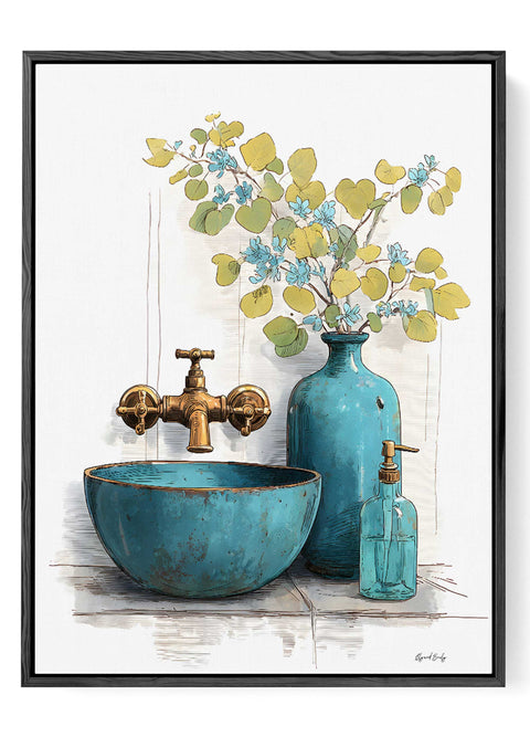 Mediterranean blue ceramic basin still life