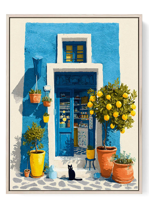 Mediterranean blue house watercolor wall art with lemons