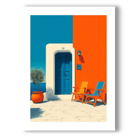 Mediterranean blue wall orange building print