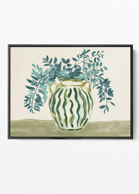 Mediterranean botanical art print with teal leaves in a striped ceramic vase.