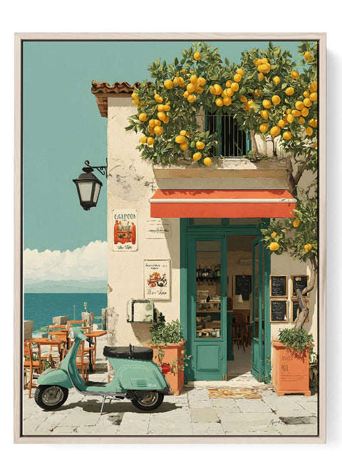 Mediterranean café watercolor wall art with lemon tree