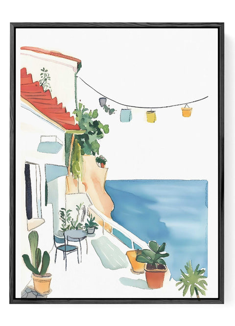 Mediterranean cliffside print with minimalist coastal decor

