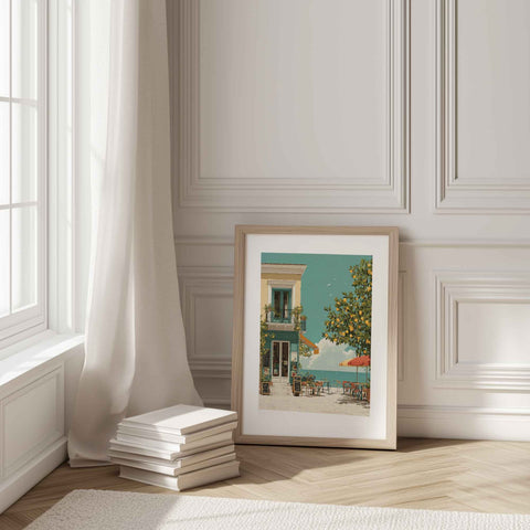 Mediterranean coastal cafe storefront print with turquoise balcony and sea view