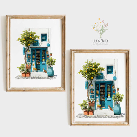 Mediterranean coastal wall decor poster with terracotta plant pots and stone street