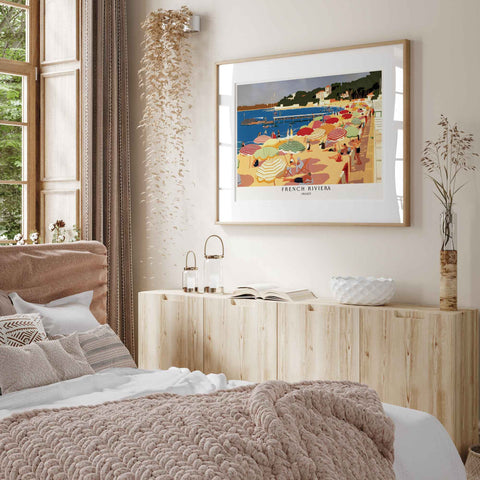 Mediterranean coastal wall decor print showing vintage seaside resort scene
