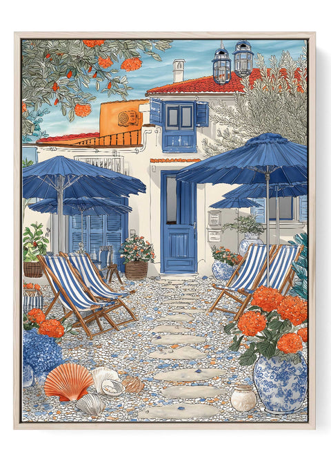 Mediterranean courtyard wall art blue shutters decor