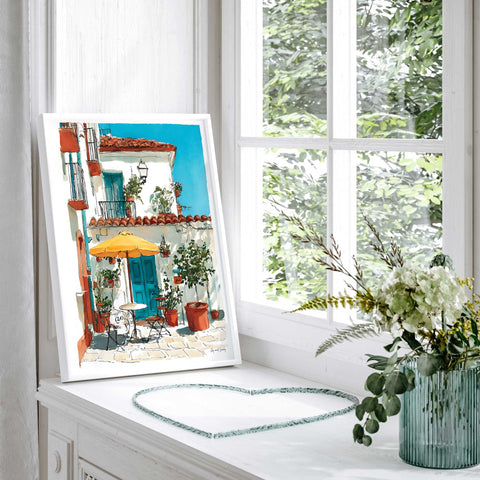 Mediterranean courtyard wall art with plants and doors