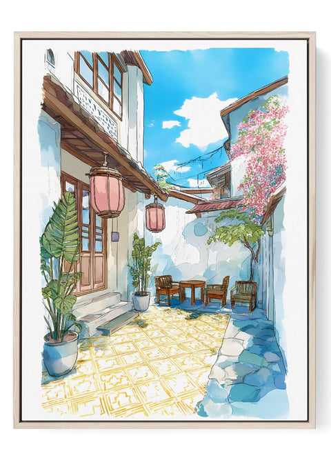 Mediterranean courtyard watercolor art