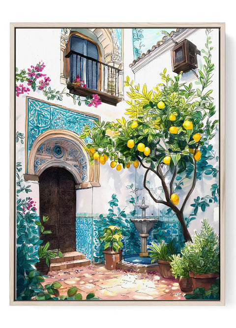 Mediterranean courtyard watercolor wall art lemon