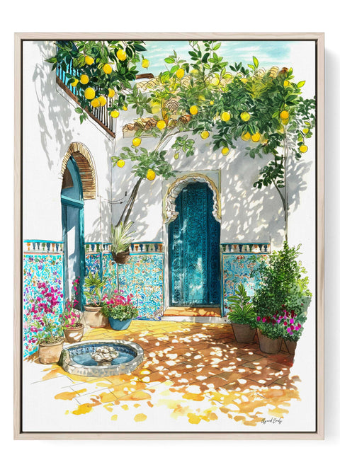 Mediterranean courtyard watercolor wall art lemon tree