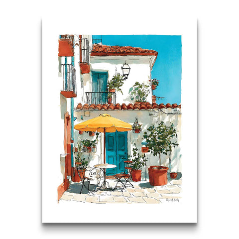 Mediterranean courtyard watercolor wall art patio scene